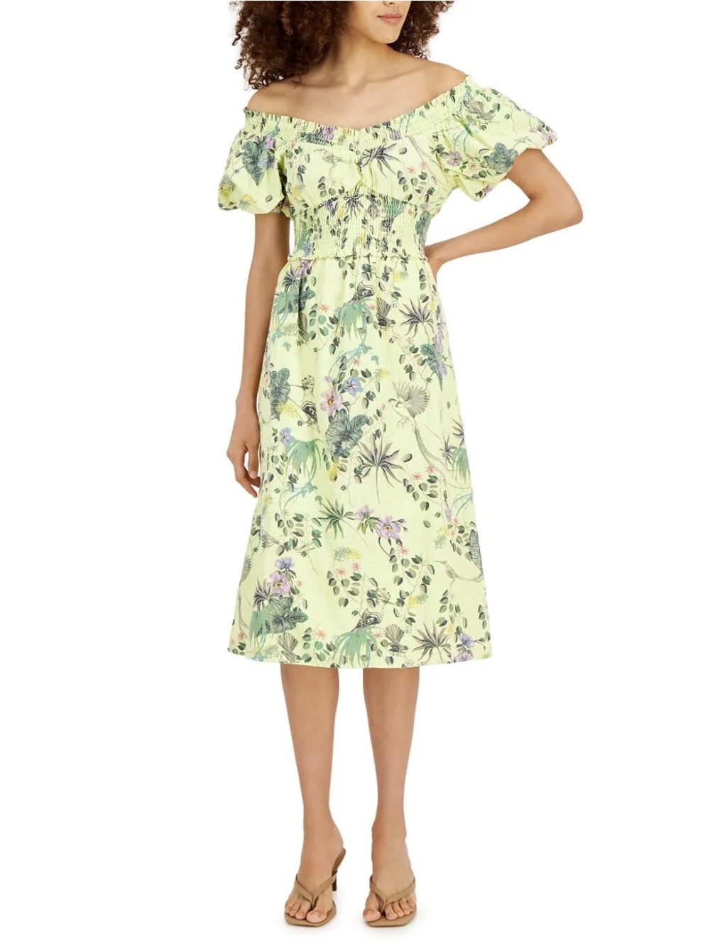INC International Cotton Puff Sleeve Dress (Sz XL) Yellow Raina Garden Print